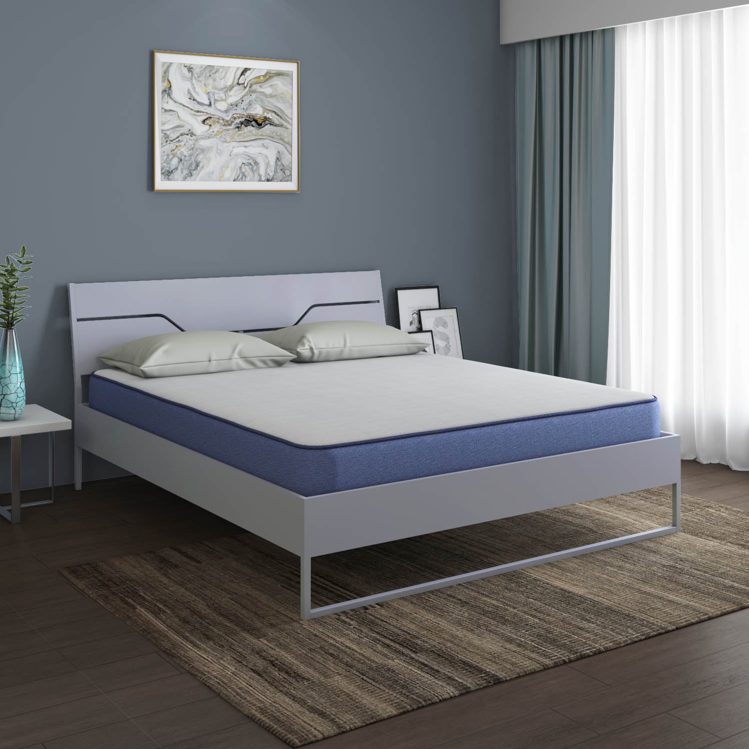 Grande Wood and Metal Hybrid Bed (Grey) + Plus Memory Foam Mattress (Queen)