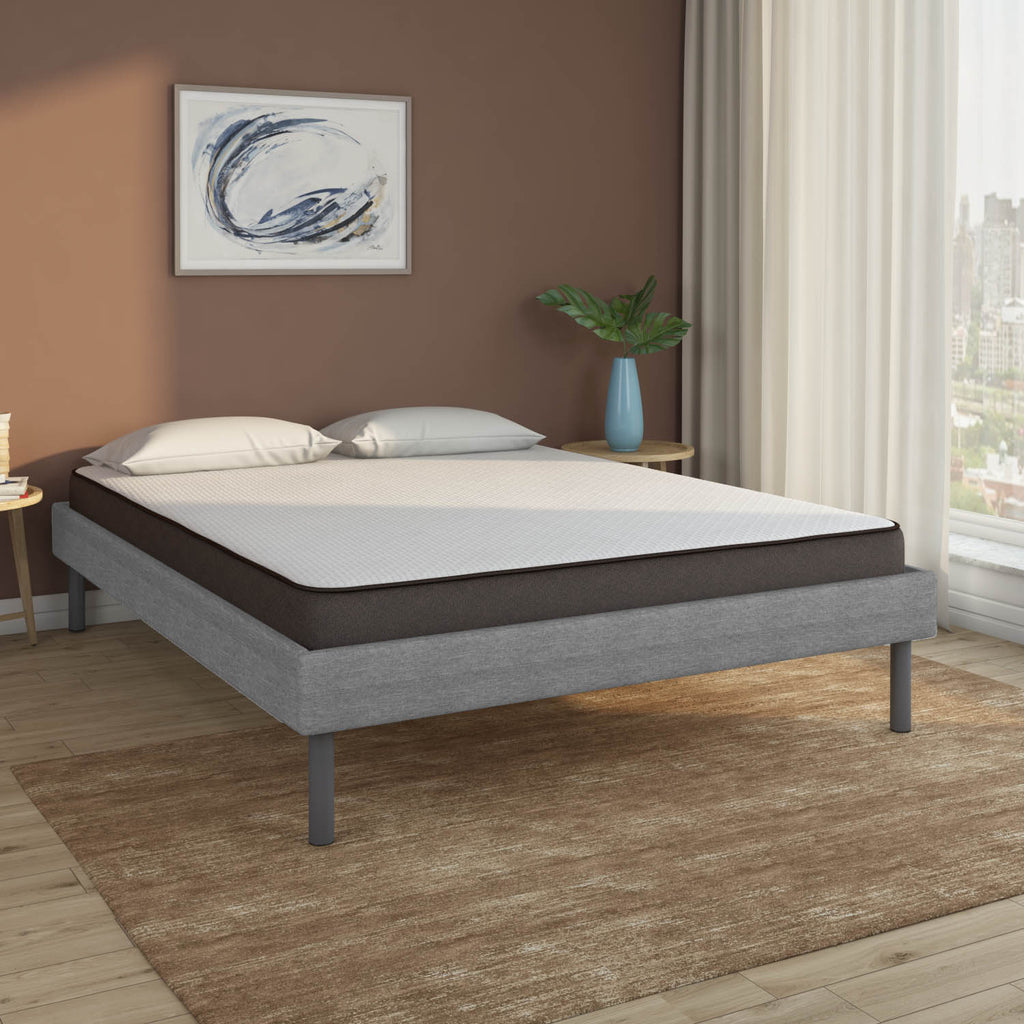 Velvette Upholstered Bed (Grey) + Lite Dual Comfort (Queen)